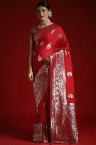 Red ethnic motifs satin banarasi saree with blouse piece