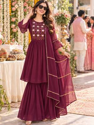 women floral embroidered empire thread work kurta with sharara & with dupatta 1