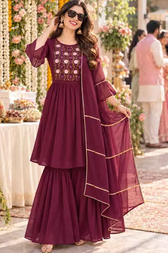 women floral embroidered empire thread work kurta with sharara & with dupatta