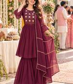 women floral embroidered empire thread work kurta with sharara & with dupatta