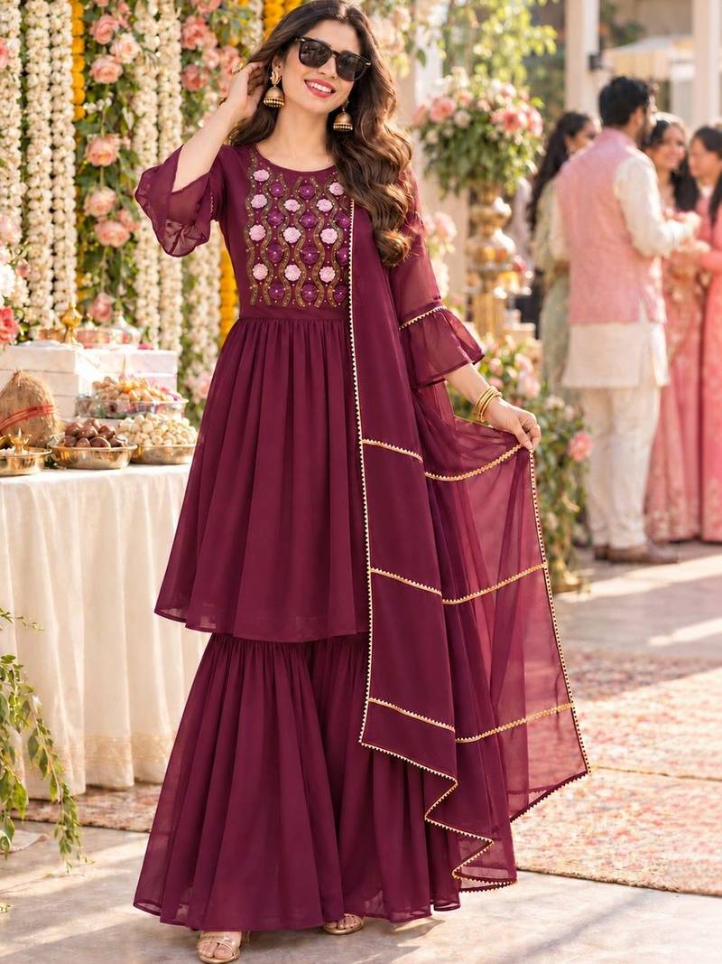 women floral embroidered empire thread work kurta with sharara & with dupatta