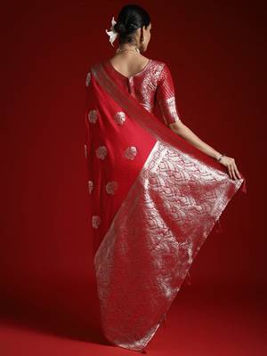 Red ethnic motifs satin banarasi saree with blouse piece 2