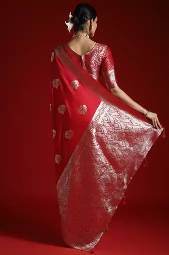 Red ethnic motifs satin banarasi saree with blouse piece