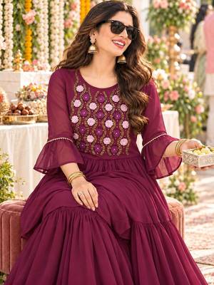 women floral embroidered empire thread work kurta with sharara & with dupatta 2