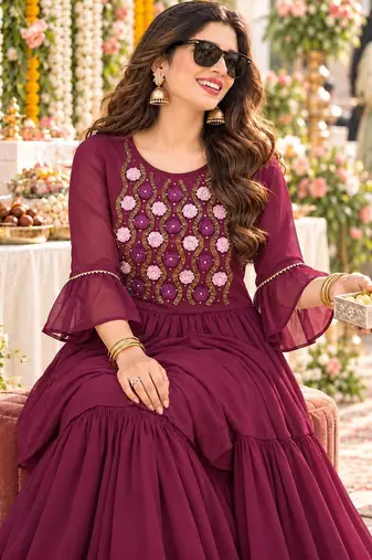 women floral embroidered empire thread work kurta with sharara & with dupatta