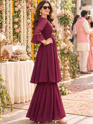 women floral embroidered empire thread work kurta with sharara & with dupatta 3