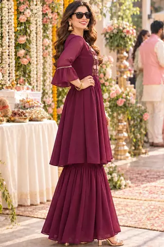 women floral embroidered empire thread work kurta with sharara & with dupatta