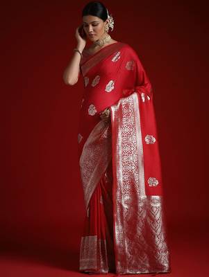 Red ethnic motifs satin banarasi saree with blouse piece 3