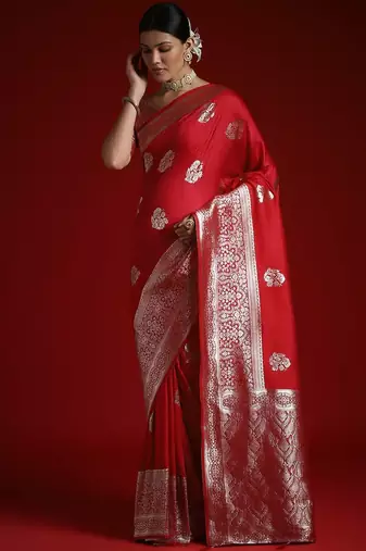 Red ethnic motifs satin banarasi saree with blouse piece