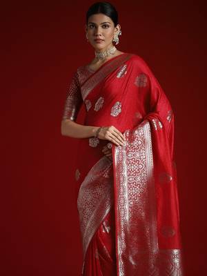 Red ethnic motifs satin banarasi saree with blouse piece 4
