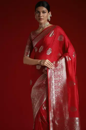 Red ethnic motifs satin banarasi saree with blouse piece