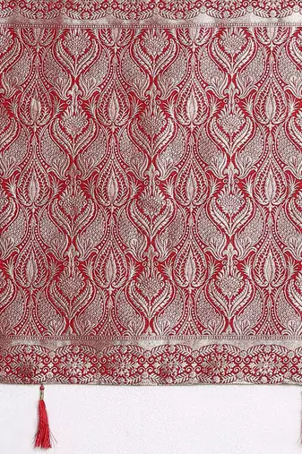 Red ethnic motifs satin banarasi saree with blouse piece