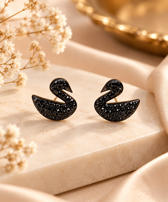 Pave crystal setting, swan silhouette design, stud back closure, women's fashion, black finish 2