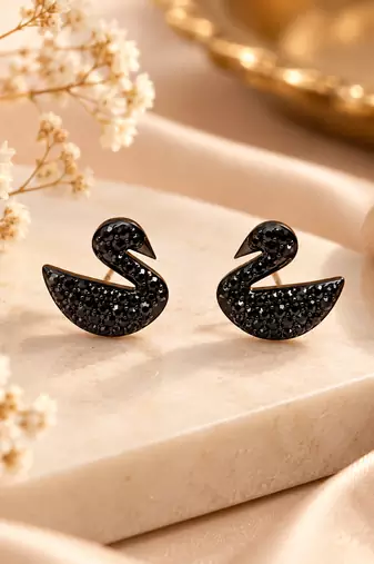 Pave crystal setting, swan silhouette design, stud back closure, women's fashion, black finish