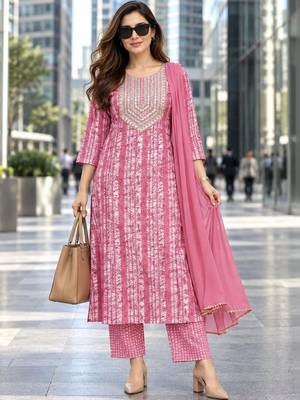 women ethnic motifs printed regular sequinned  cotton kurta with trousers & with dupatta 1