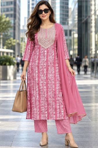 women ethnic motifs printed regular sequinned  cotton kurta with trousers & with dupatta
