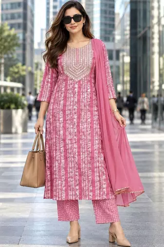 women ethnic motifs printed regular sequinned  cotton kurta with trousers & with dupatta