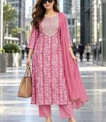 women ethnic motifs printed regular sequinned  cotton kurta with trousers & with dupatta
