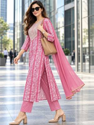 women ethnic motifs printed regular sequinned  cotton kurta with trousers & with dupatta 2