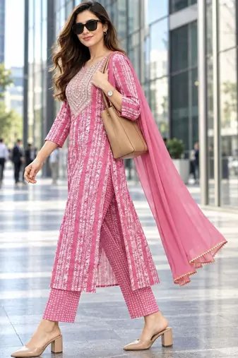 women ethnic motifs printed regular sequinned  cotton kurta with trousers & with dupatta