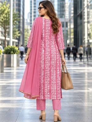 women ethnic motifs printed regular sequinned  cotton kurta with trousers & with dupatta 4