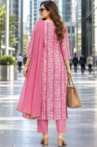 women ethnic motifs printed regular sequinned  cotton kurta with trousers & with dupatta