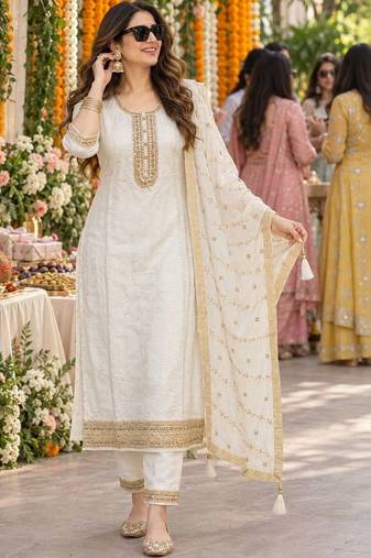 women ethnic motifs embroidered regular kurta with trousers & dupatta