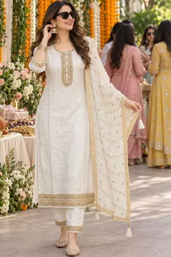 women ethnic motifs embroidered regular kurta with trousers & dupatta