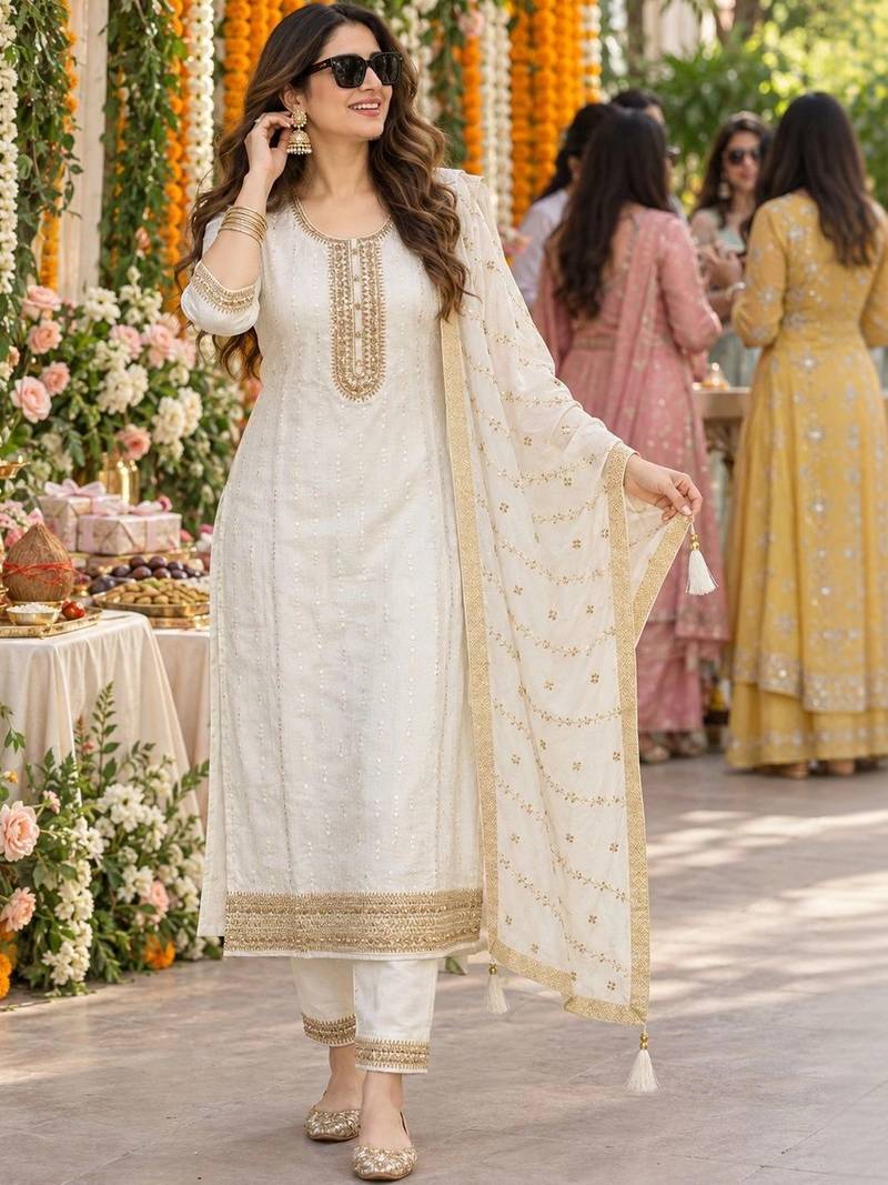 women ethnic motifs embroidered regular kurta with trousers & dupatta
