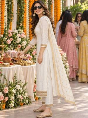 women ethnic motifs embroidered regular kurta with trousers & dupatta 4