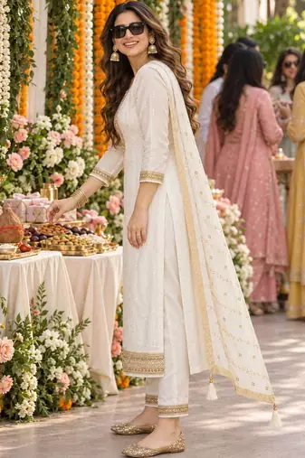 women ethnic motifs embroidered regular kurta with trousers & dupatta