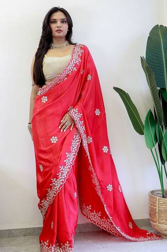 Red floral embroidered beads and stones saree