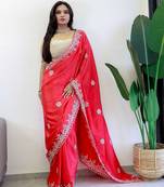 Red floral embroidered beads and stones saree