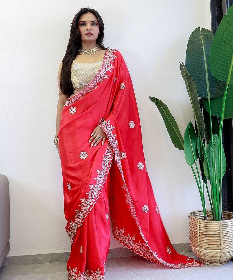 Red floral embroidered beads and stones saree