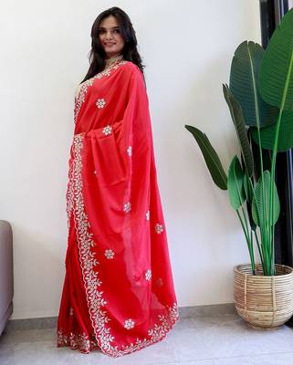 Red floral embroidered beads and stones saree 2