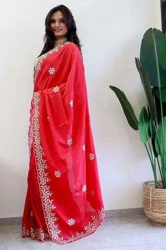 Red floral embroidered beads and stones saree