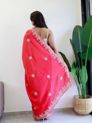 Red floral embroidered beads and stones saree 3