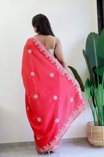 Red floral embroidered beads and stones saree