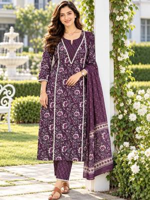 women floral printed regular  cotton kurta with trousers & with dupatta 1