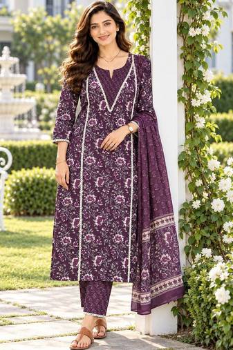 women floral printed regular  cotton kurta with trousers & with dupatta