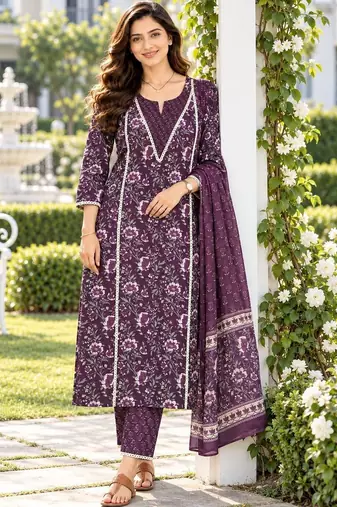 women floral printed regular  cotton kurta with trousers & with dupatta