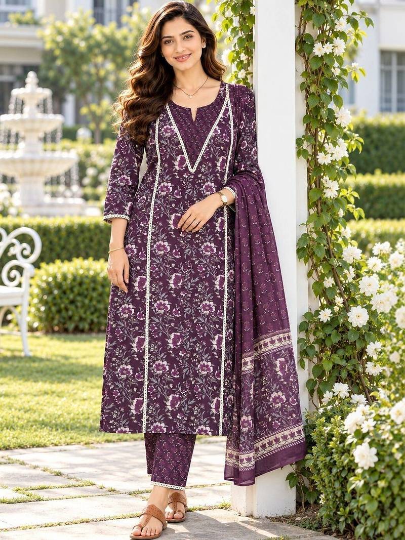 women floral printed regular  cotton kurta with trousers & with dupatta