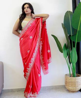Red floral embroidered beads and stones saree 4