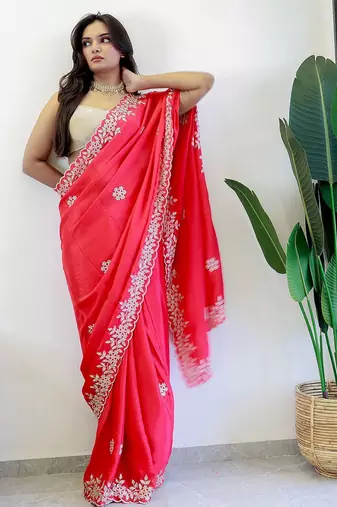 Red floral embroidered beads and stones saree