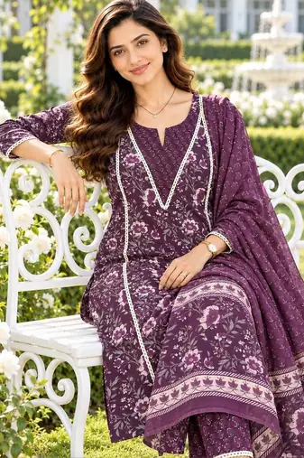 women floral printed regular  cotton kurta with trousers & with dupatta