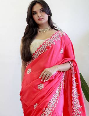 Red floral embroidered beads and stones saree 5