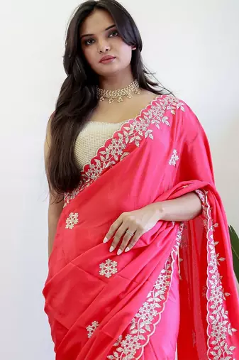 Red floral embroidered beads and stones saree