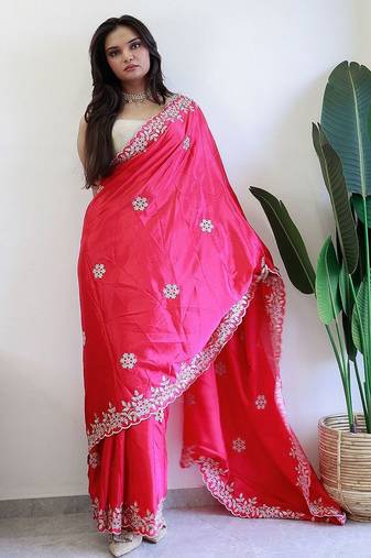 Pink embroidered beads and stones saree