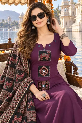 women ethnic motifs embroidered regular thread work  cotton kurta with palazzos & with