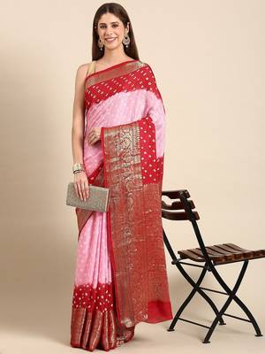 Pink bandhani printed zari saree 1